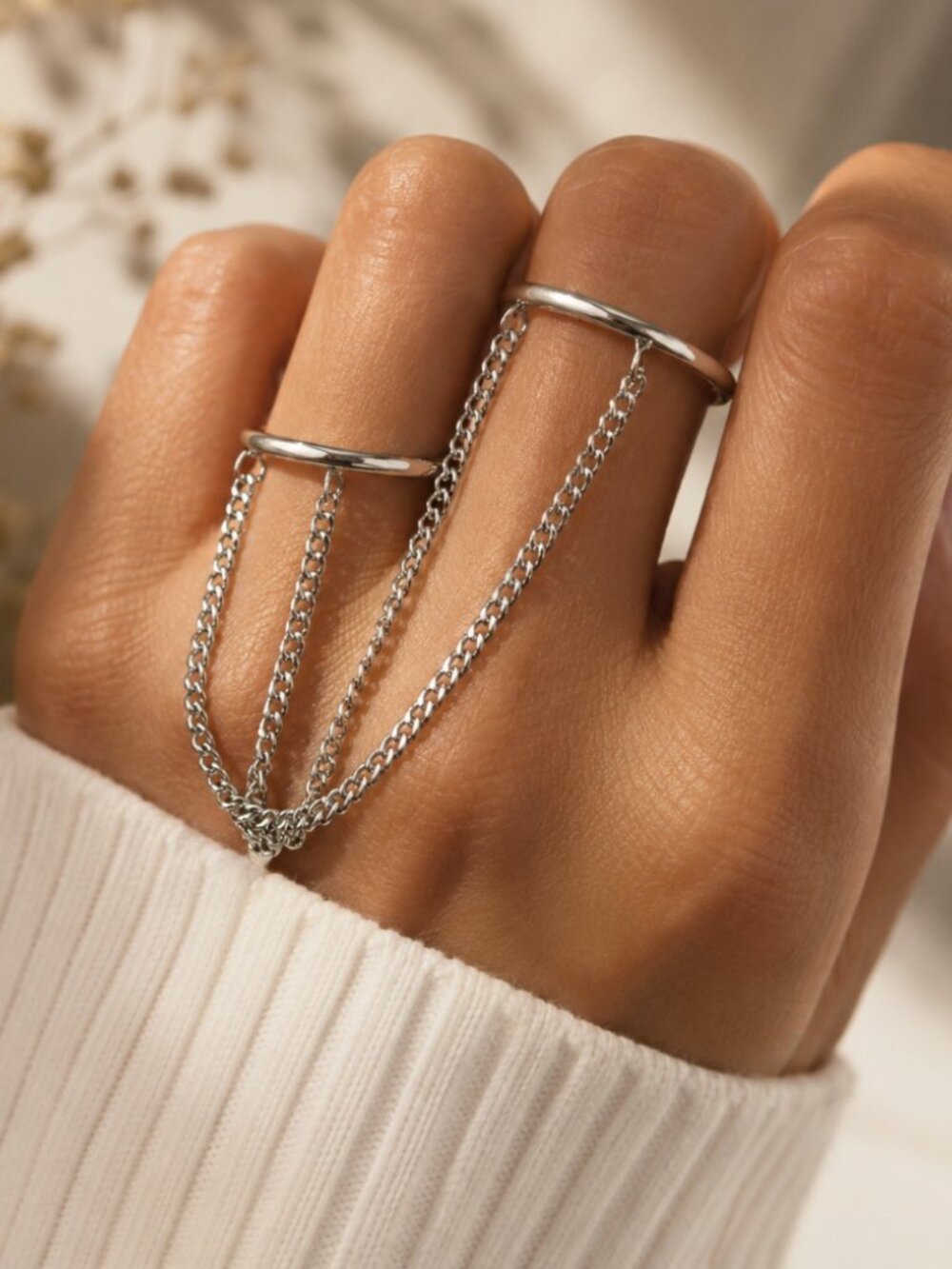 925 Sterling Silver Dangle Chain Drop Ring Set of 2 Knuckle Ring Stackable Rings